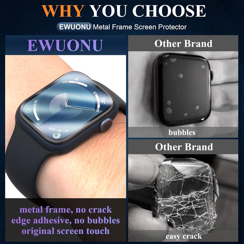 EWUONU [2 Pack for Apple Watch Screen Protector 45mm Series 9 8 7, Titanium Alloy Bumper + Tempered Glass, Full Coverage Waterproof Non-Bubble Anti-Scratch HD Clear Film for iWatch 9/8/7 45mm,Black - Image 3
